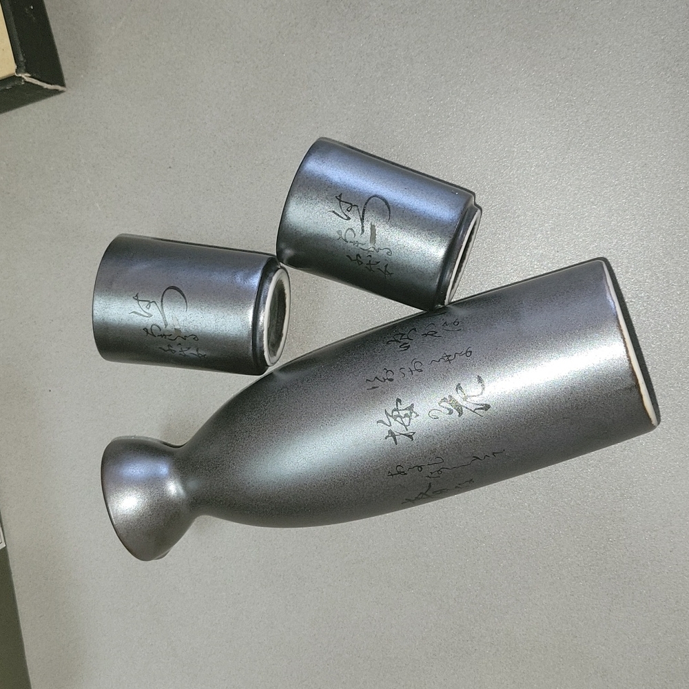 Japanese Sake Set Silver Glazed Ceramic